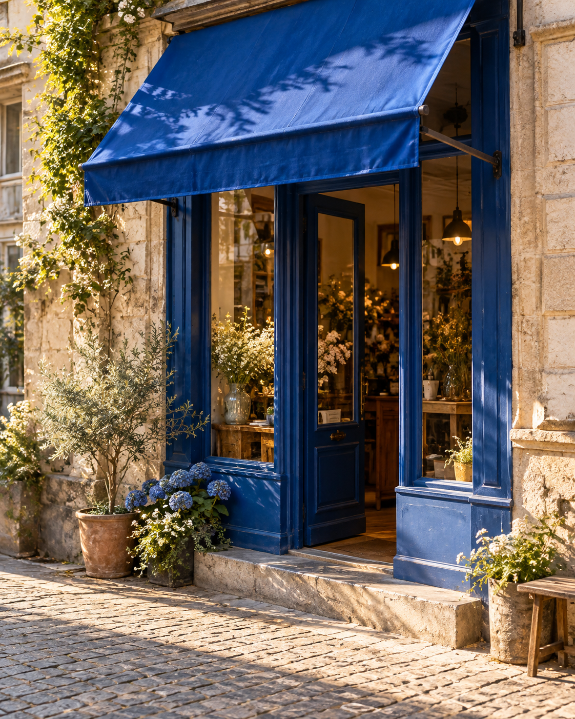 Illustrative neighbourhood shopfront with a blue awning and sunlit flowers